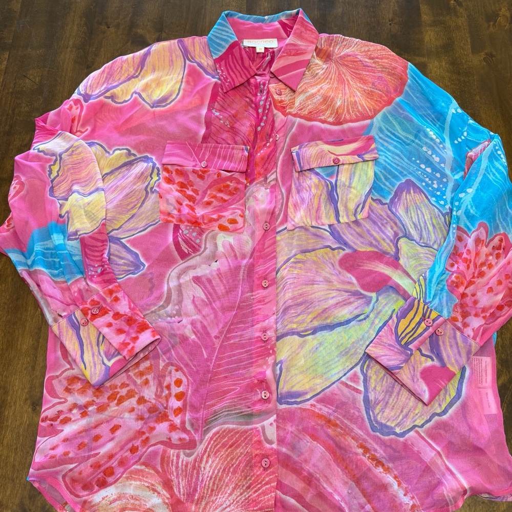 Women’s Rococo Sand Colorful Vibrant Sheep Long Sleeve Button Down Resort M